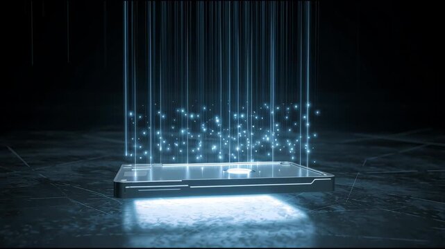 Glowing hard drive levitating storage device holographic data stream blue light futuristic server solid state disk digital concept technology background glowing hard drive levitating darkness with