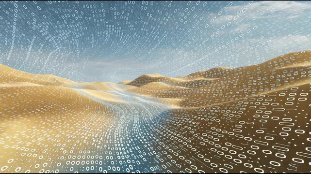 Abstract desert landscape with binary code and digital stream across sand dune, surreal abstract digital desert landscape with flowing binary stream and sweeping dune pattern, digital binary stream