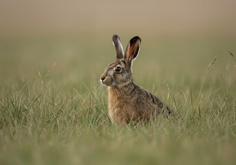 A realistic wild brown hare sitting alertly in a lush green meadow during a beautiful golden hour, listening for sounds in its natural habitat