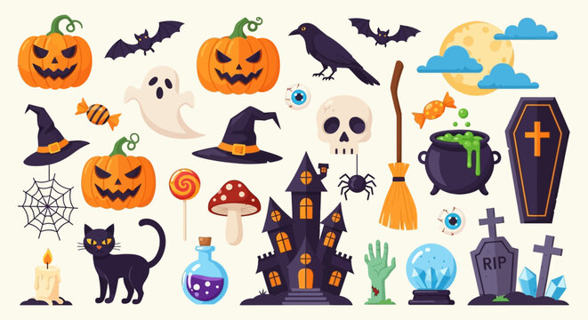 Collection of Halloween-themed illustrations featuring pumpkins, ghosts, bats, and other spooky elements.