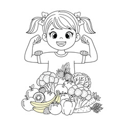 Vector illustration of girl showing muscles with pile of fresh fruits and vegetables