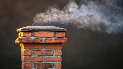 rustic brick chimney with smoke emitting in an outdoor setting during golden hour
