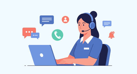 Customer service representative with headset and laptop, surrounded by communication icons.