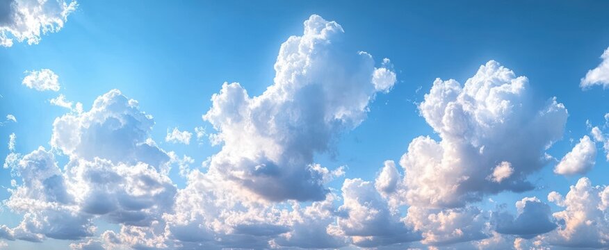 Bright blue sky filled with large, fluffy white clouds illuminated by sunlight creating a peaceful and uplifting atmosphere