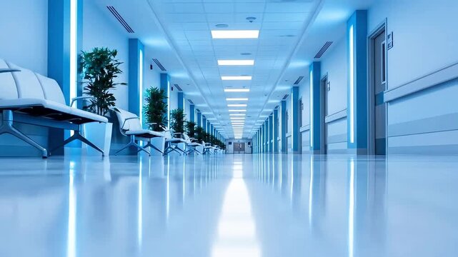 Modern hospital corridor showcasing sleek design, bright lighting, and empty waiting area