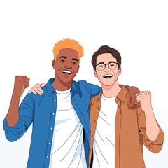 Vector illustration of two happy friends celebrating success