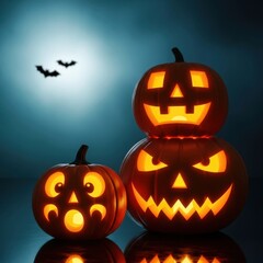 Two glowing jackolanterns with scary faces on halloween night with bats in the moonlight