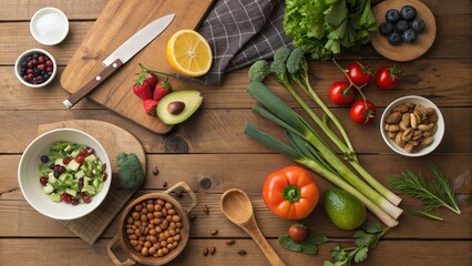 Organic Vegetarian Ingredients and Kitchen Tools on Wooden Table – Top View