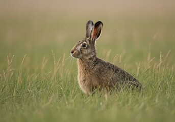 A realistic wild brown hare sitting alertly in a lush green meadow during a beautiful golden hour sunset