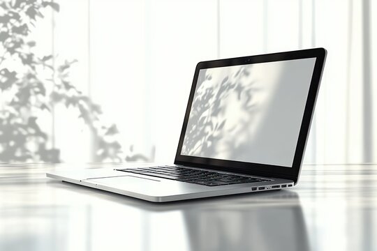 Sleek laptop on a white surface with soft shadows of leaves and sunlight creating a calm and minimalistic ambiance