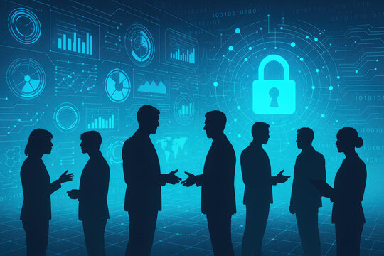 Business Meeting Silhouettes Discussing Data Security with Digital Background discussion people