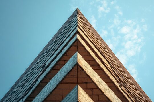 Low-angle view of a modern angular building with a sharp triangular edge against a bright blue sky with light clouds, showcasing geometric lines and textures