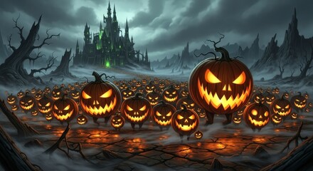 Glowing Pumpkin Army Marches on a Sinister Green-Lit Castle in a Foggy Wasteland.