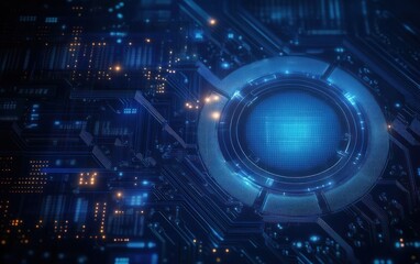 Close-up of a futuristic blue circuit board featuring glowing digital elements and a central illuminated circular interface emitting light sparks