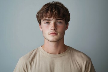 Fototapeta premium Portrait of a young man with light skin and brown hair wearing a beige t-shirt looking calmly into the camera against a plain gray background