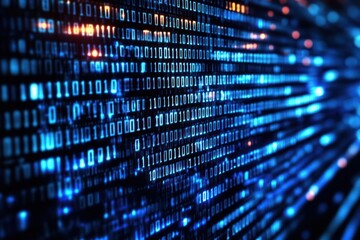 Close-up view of digital binary code with glowing blue and orange lights creating a futuristic and high-tech atmosphere