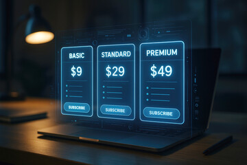 Digital pricing plan interface with basic standard and premium subscription options displayed on a laptop screen