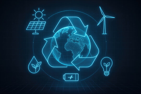 Digital illustration of Earth with recycling symbol and renewable energy icons in neon blue globe planet