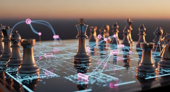 Digital Chess Gambit - Glowing Network Strategy on a Futuristic Board at Sunset.
