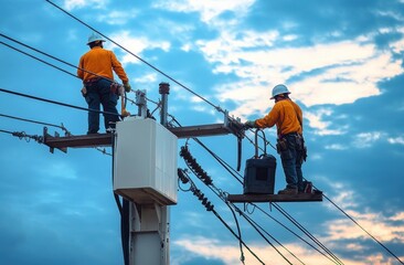 Two utility workers in safety gear standing on elevated platforms working on electrical power lines during sunset with a cloudy sky background