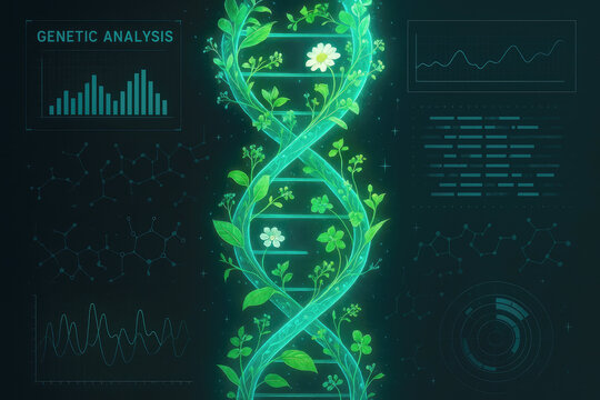 Glowing green DNA helix intertwined with plants and flowers, surrounded by data visualizations genetics