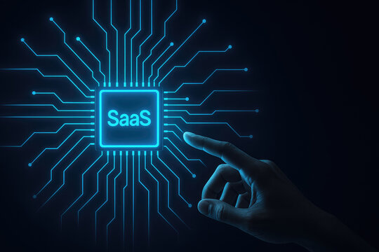 Hand interacting with a central SaaS chip on a glowing blue digital circuit board SaaS technology - Powered by Adobe