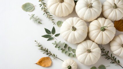White Pumpkins Flat Lay on White Background – Thanksgiving Concept