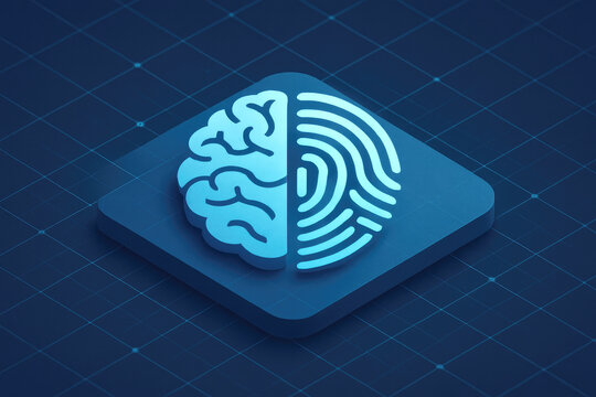 Isometric Brain and Fingerprint Symbol on Digital Grid icon technology