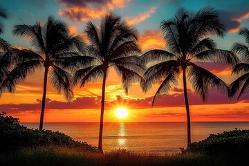 Obraz premium Vibrant tropical sunset over calm ocean with silhouetted palm trees and colorful orange and purple sky