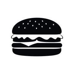 Simple black and white silhouette of a classic hamburger with sesame seeds on a bun and dripping cheese