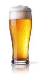Glass of fresh golden-colored beer with cap of foam isolated on white background