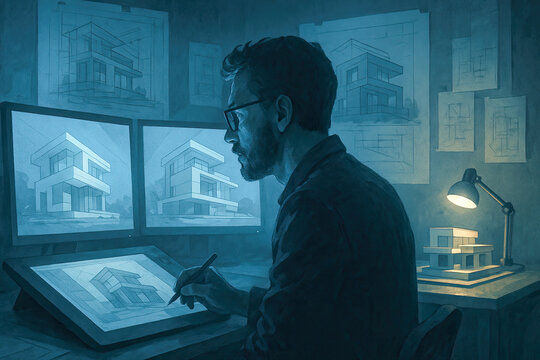 Architect working late on modern house designs using digital tools and monitors, surrounded by sketches and a scale model in a dimly lit studio. - Powered by Adobe
