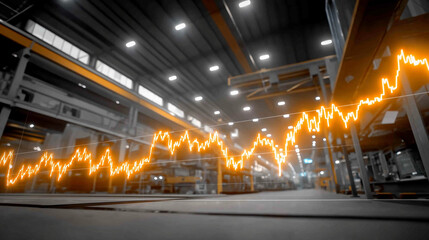 Manufacturing's Financial Pulse: A striking perspective of an expansive factory interior with a vibrant, glowing financial graph superimposed.