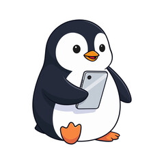 Cute Cartoon Penguin Holding Smartphone on Transparent Background
