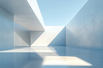 Fototapeta premium Minimalist open space with smooth concrete walls and floor under soft natural daylight casting geometric shadows creating a calm and serene atmosphere