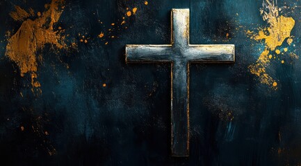 metallic cross on textured dark background with golden paint splashes evoking solemn and reflective mood