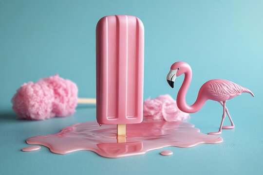 Pink melting popsicle standing on blue surface next to small pink flamingo figurine with cotton candy in the background evoking a whimsical and playful mood - Powered by Adobe