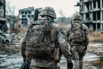 Obraz premium Two soldiers in digital camouflage uniforms walking through a war-torn urban environment with ruined buildings and debris
