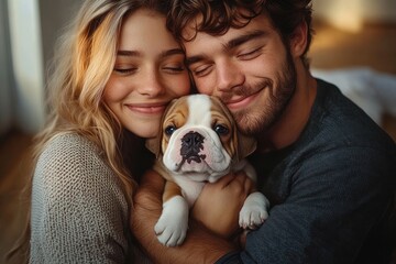 Young couple embracing a small bulldog puppy with closed eyes and peaceful smiles indoors