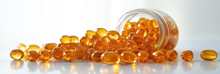 Close-up of translucent golden soft gel capsules spilling out of a small glass jar on a smooth reflective surface, clean and bright background