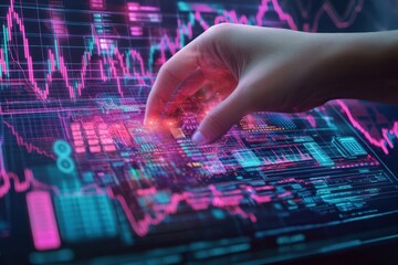 Human hand interacting with futuristic digital data interface displaying complex graphs, charts, and network connections emitting colorful neon lights