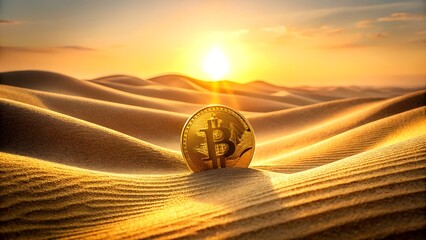 Golden bitcoin coin resting in desert sand dunes at sunset, representing the volatile nature of cryptocurrency and its global reach