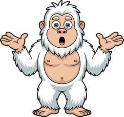Cartoon yeti with raised arms, cute abominable snowman character, white furry creature illustration, playful winter monster design for children’s media and art