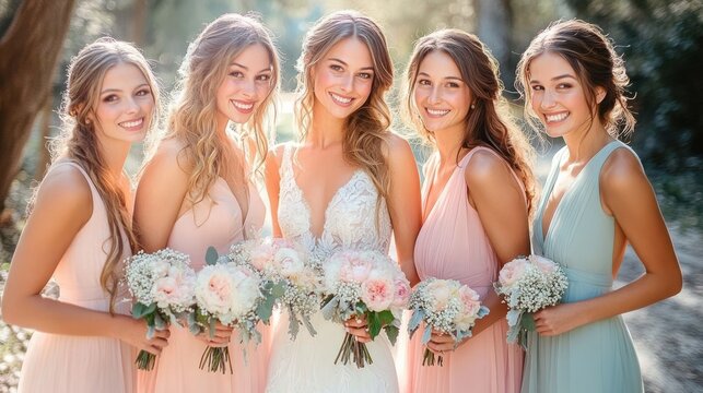 A joyful bride smiling brightly alongside her four bridesmaids all holding elegant bouquets in a bright outdoor setting