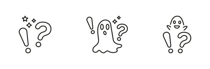 Exclamation And Question Marks With Ghosts Line Icon Set. Surprise, Curiosity, Mystery Expression Outline Symbol Collection. Halloween Concept. Editable Stroke. Isolated Vector Illustration