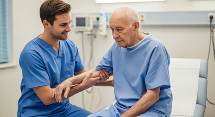 Obraz premium Caring Young Male Nurse Assisting Senior Patient in Hospital