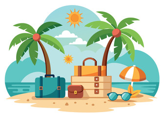 Obraz premium A vibrant beach scene with palm trees, luggage, and a sunny sky isolated on white background