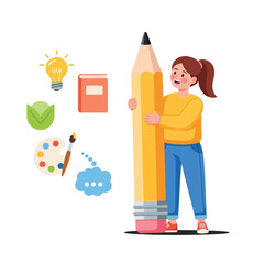 Creative young girl holding a giant pencil with icons for ideas, learning, and art.