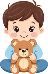 Obraz premium Cute Baby Boy Sitting Holding Teddy Bear Children Toy Concept