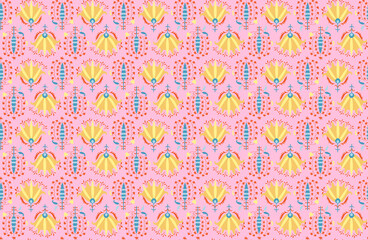 Delicate yellow blooms amidst a whimsical garden embodying a vibrant bohemian floral pattern on